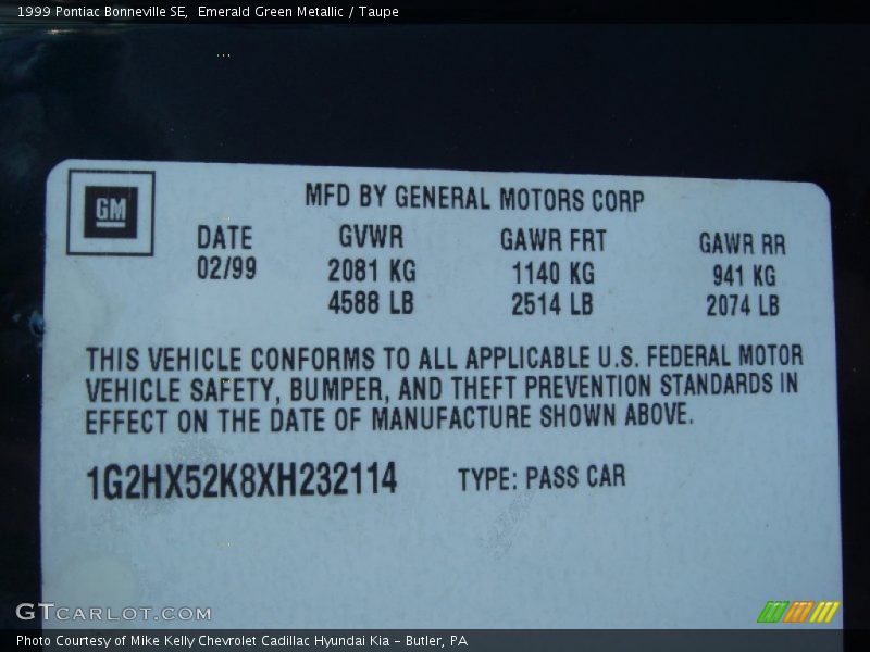 Emerald Green Metallic / Taupe 1999 Pontiac Bonneville SE