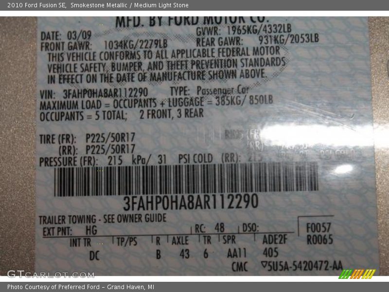 Smokestone Metallic / Medium Light Stone 2010 Ford Fusion SE