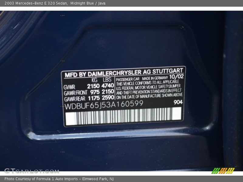 2003 E 320 Sedan Midnight Blue Color Code 904