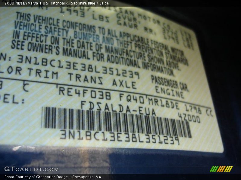 Sapphire Blue / Beige 2008 Nissan Versa 1.8 S Hatchback