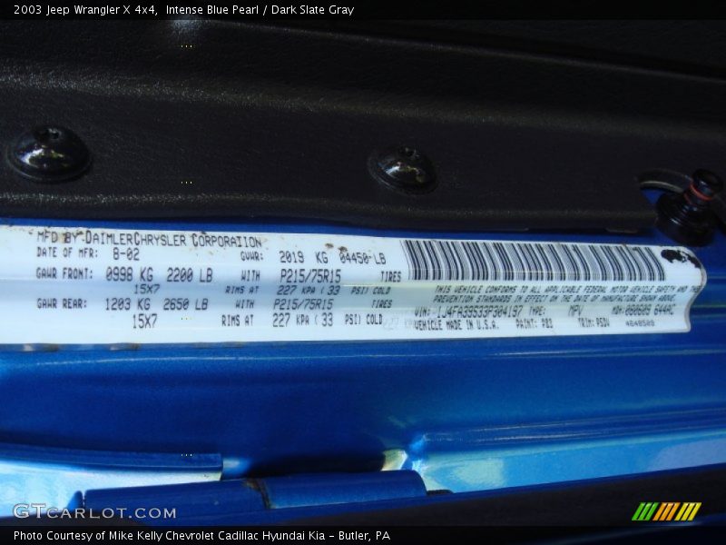 2003 Wrangler X 4x4 Intense Blue Pearl Color Code P83