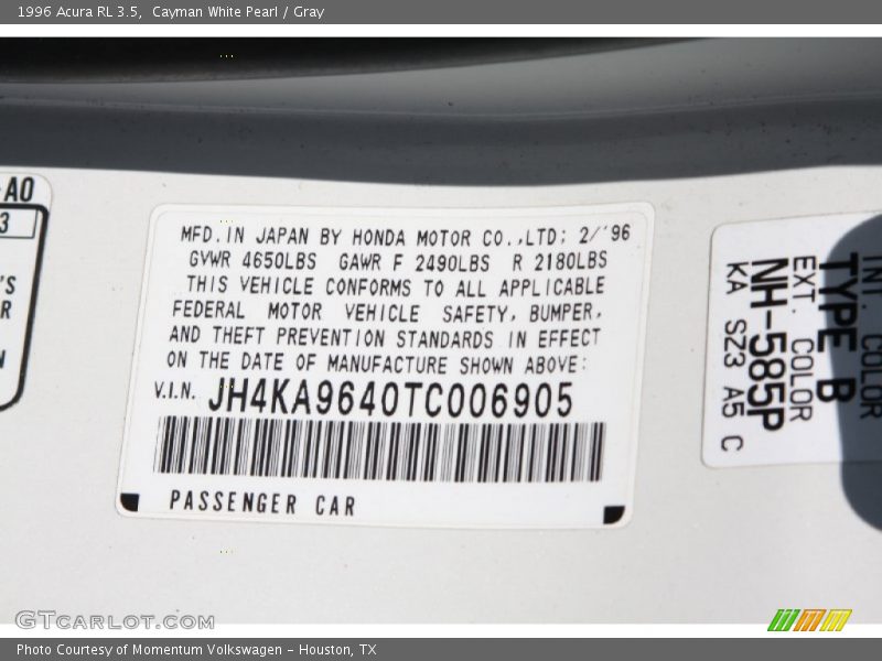 Cayman White Pearl / Gray 1996 Acura RL 3.5