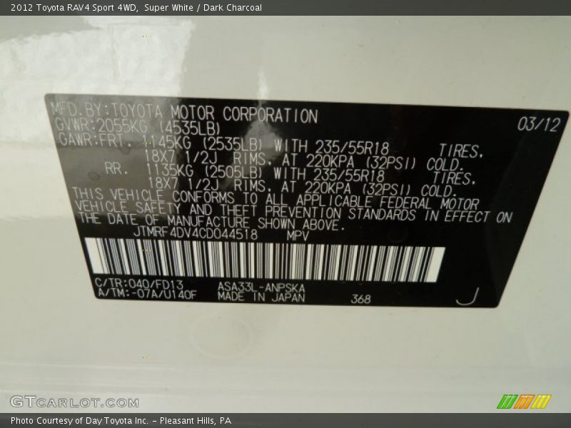 Super White / Dark Charcoal 2012 Toyota RAV4 Sport 4WD