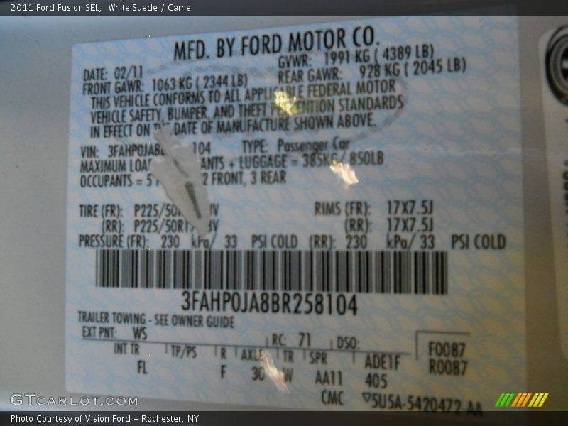 2011 Fusion SEL White Suede Color Code WS