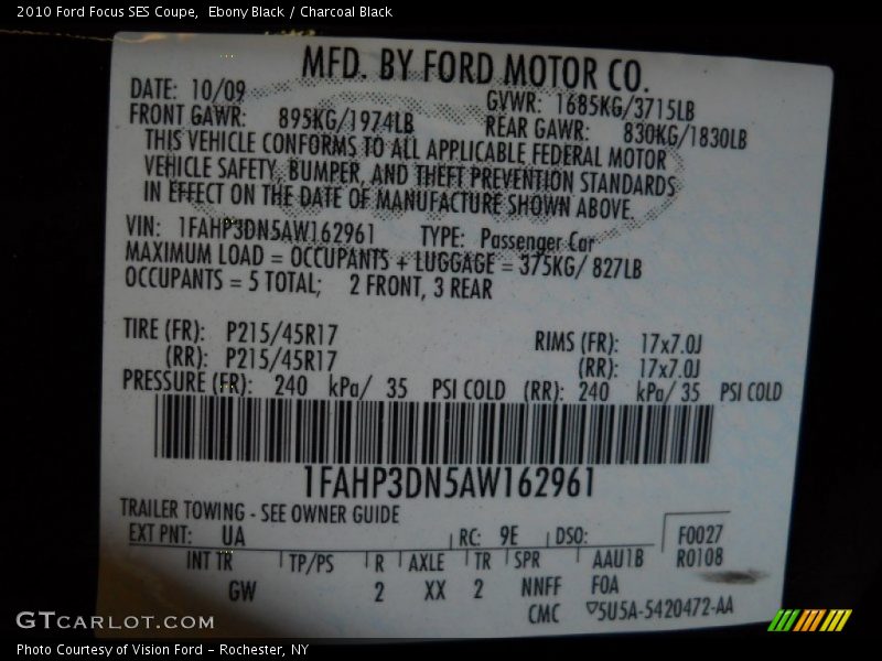 Ebony Black / Charcoal Black 2010 Ford Focus SES Coupe