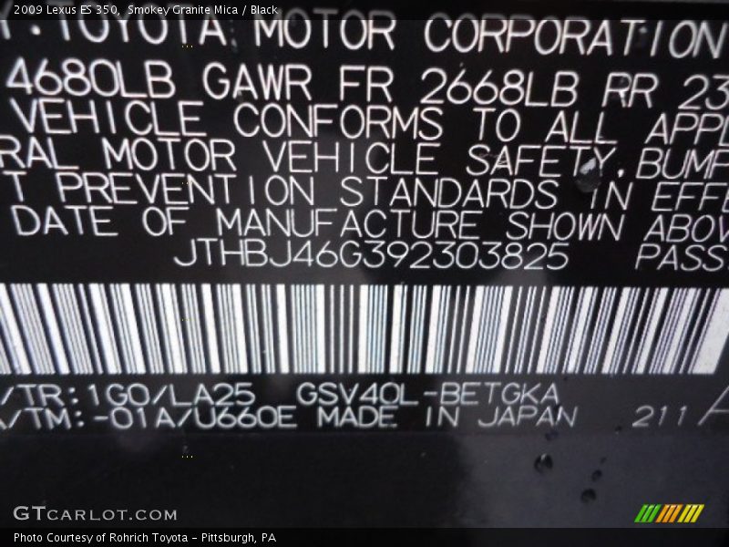 Smokey Granite Mica / Black 2009 Lexus ES 350