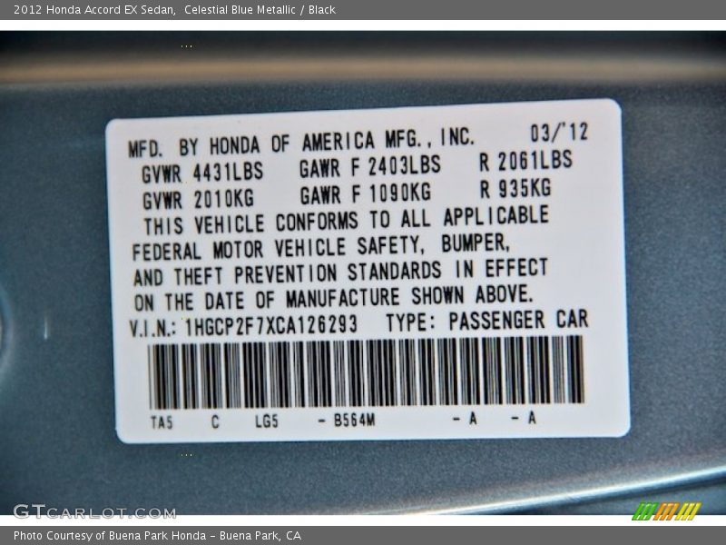 Celestial Blue Metallic / Black 2012 Honda Accord EX Sedan