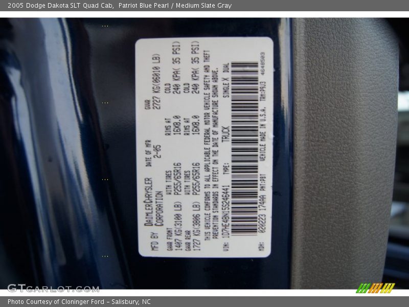 2005 Dakota SLT Quad Cab Patriot Blue Pearl Color Code PBT
