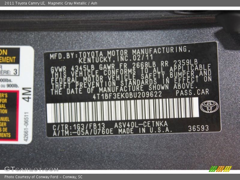 Magnetic Gray Metallic / Ash 2011 Toyota Camry LE