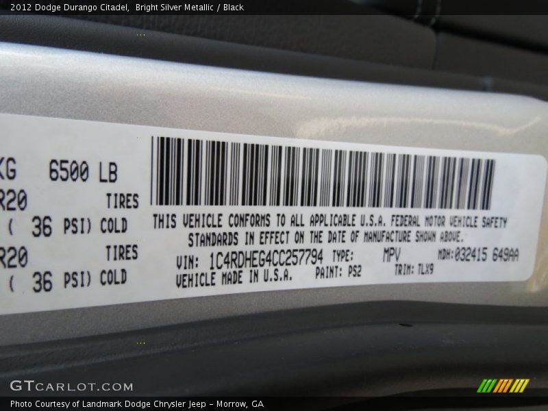 Bright Silver Metallic / Black 2012 Dodge Durango Citadel