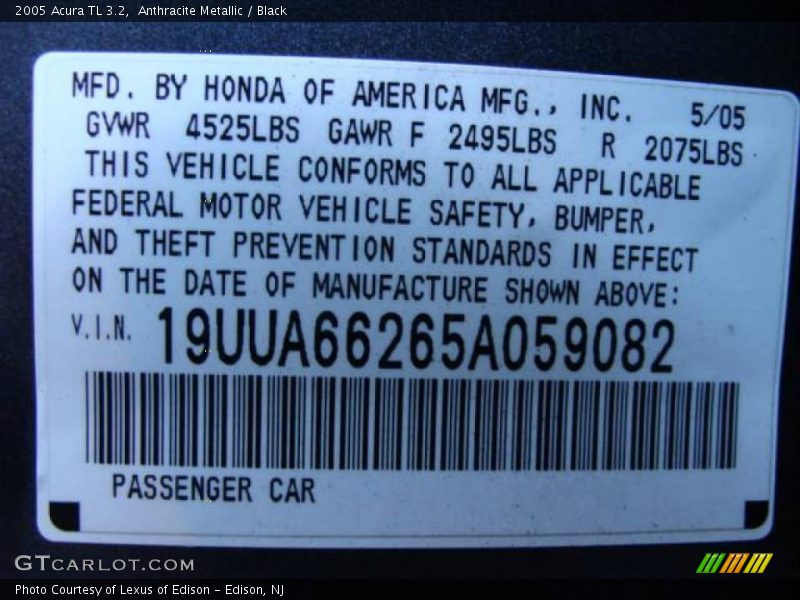 Anthracite Metallic / Black 2005 Acura TL 3.2