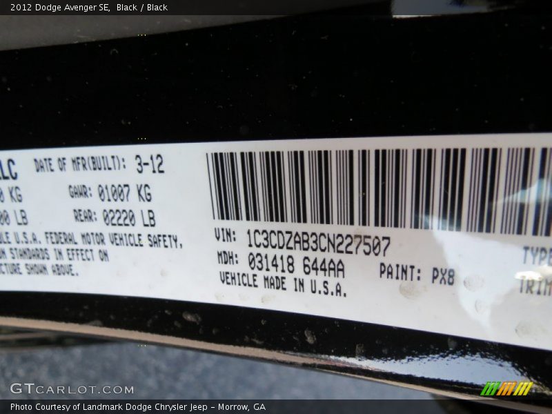 Black / Black 2012 Dodge Avenger SE