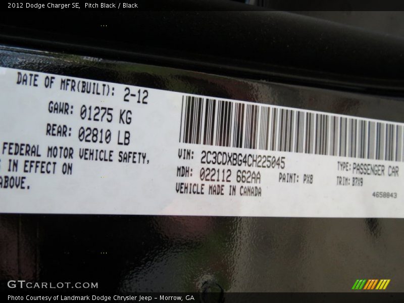 Pitch Black / Black 2012 Dodge Charger SE