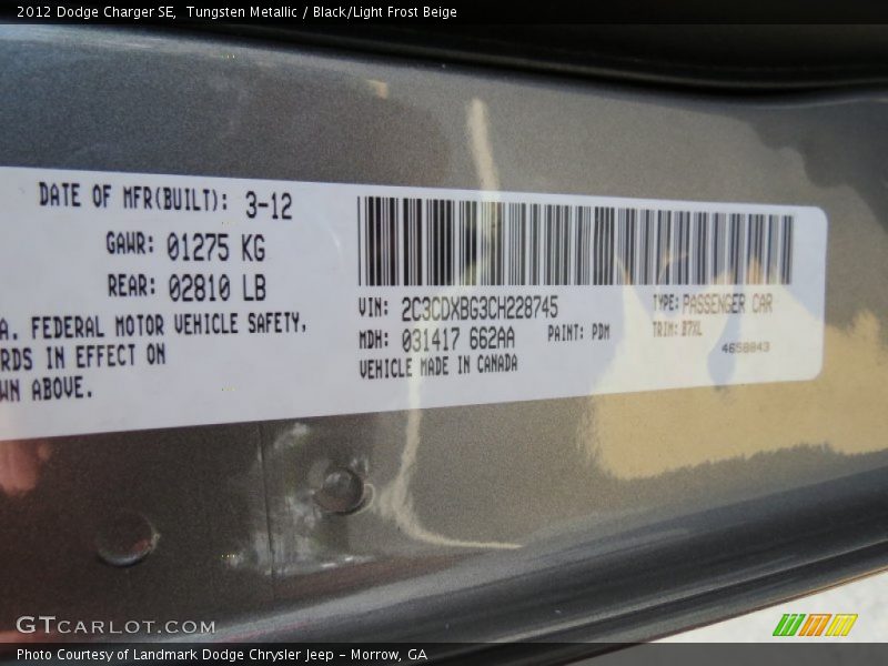 Tungsten Metallic / Black/Light Frost Beige 2012 Dodge Charger SE