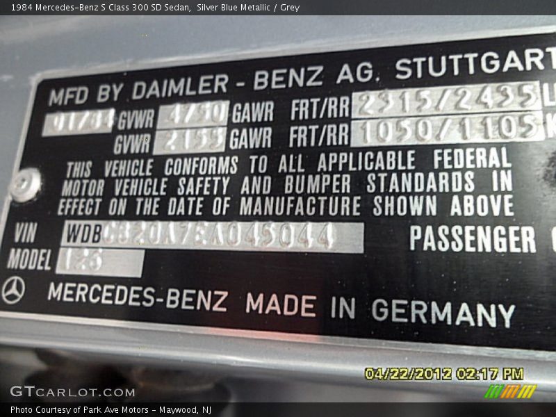 Silver Blue Metallic / Grey 1984 Mercedes-Benz S Class 300 SD Sedan