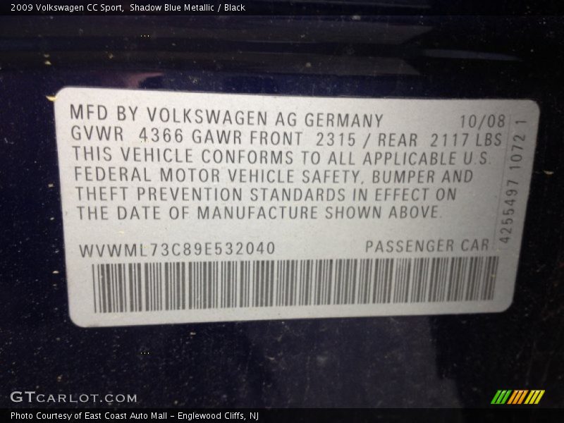 Shadow Blue Metallic / Black 2009 Volkswagen CC Sport