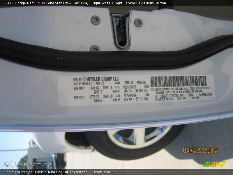 Bright White / Light Pebble Beige/Bark Brown 2012 Dodge Ram 1500 Lone Star Crew Cab 4x4