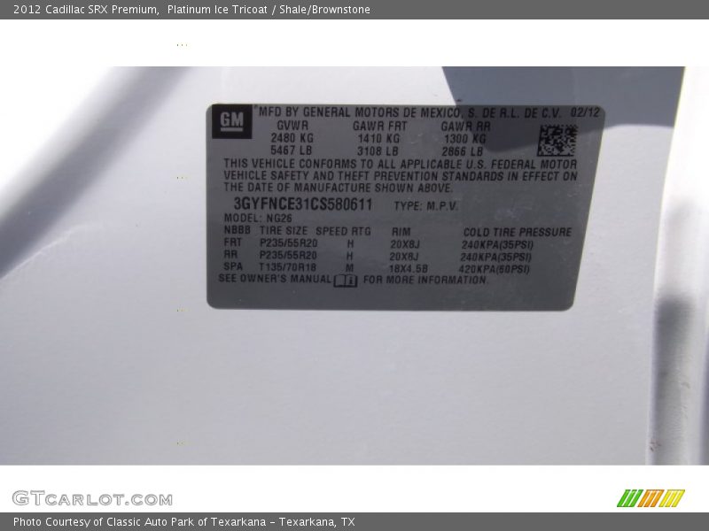 Platinum Ice Tricoat / Shale/Brownstone 2012 Cadillac SRX Premium
