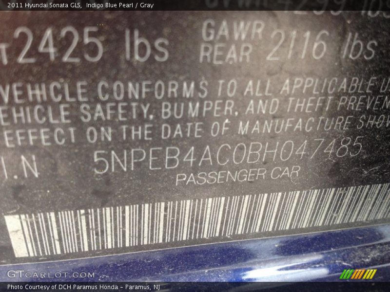 Indigo Blue Pearl / Gray 2011 Hyundai Sonata GLS