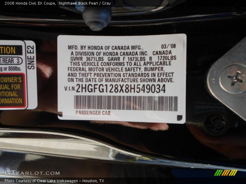 Nighthawk Black Pearl / Gray 2008 Honda Civic EX Coupe
