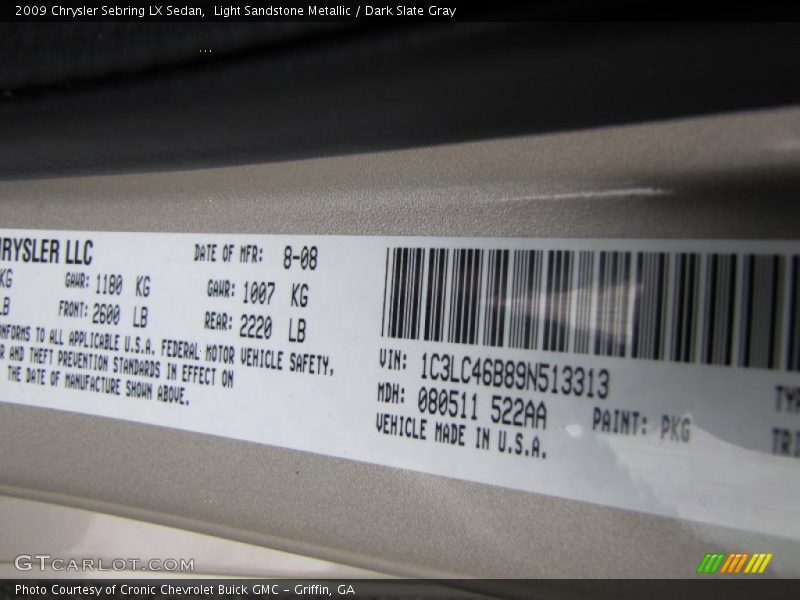 Light Sandstone Metallic / Dark Slate Gray 2009 Chrysler Sebring LX Sedan