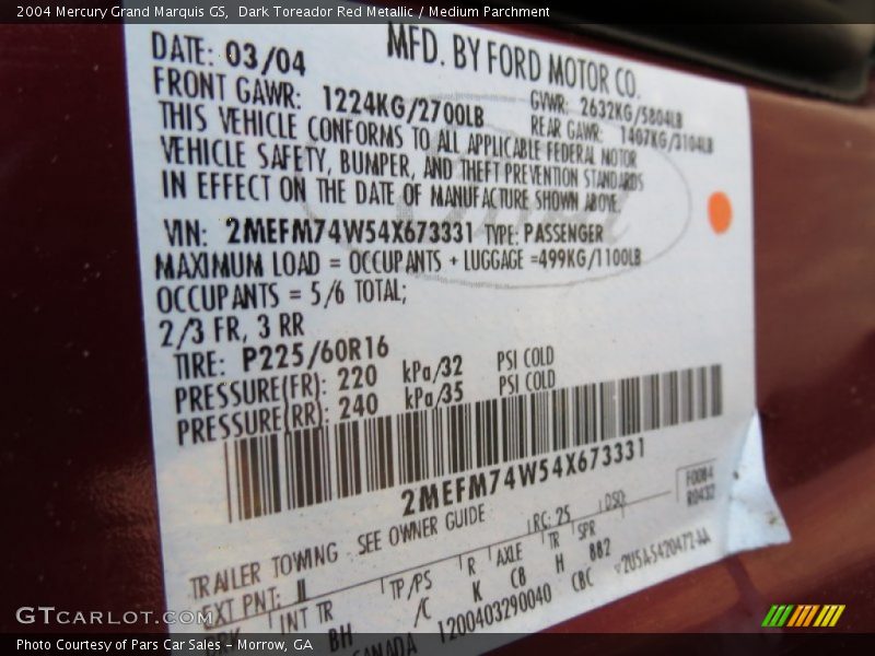 Dark Toreador Red Metallic / Medium Parchment 2004 Mercury Grand Marquis GS