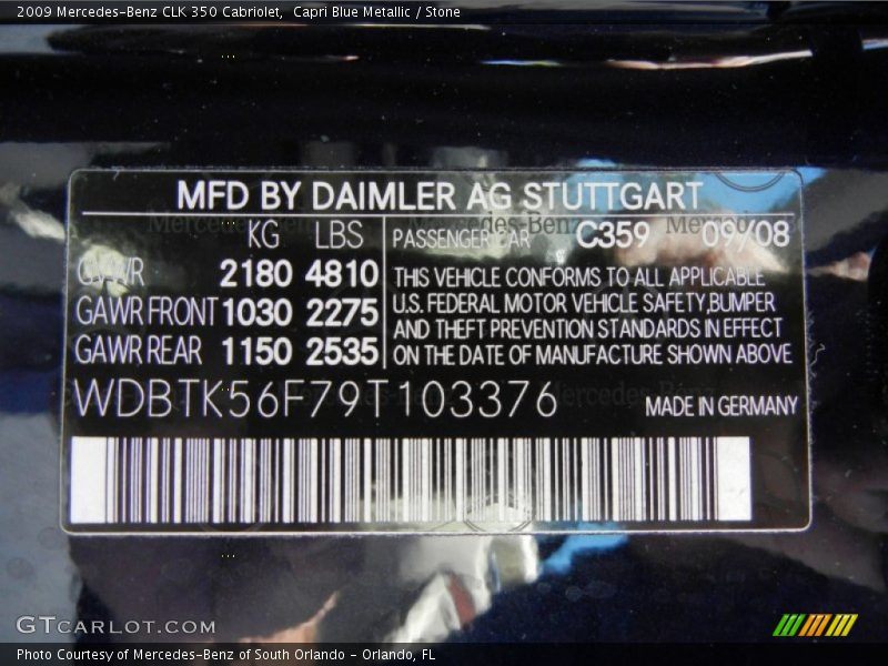 2009 CLK 350 Cabriolet Capri Blue Metallic Color Code 359