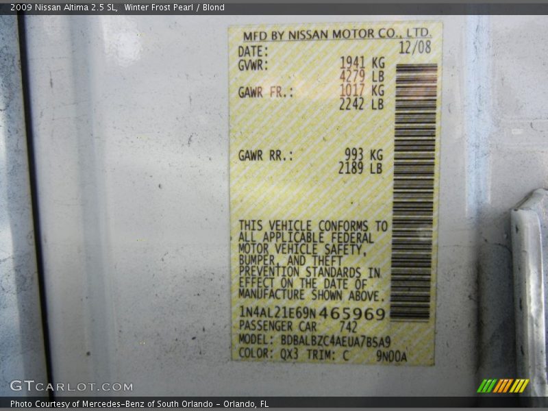 Winter Frost Pearl / Blond 2009 Nissan Altima 2.5 SL