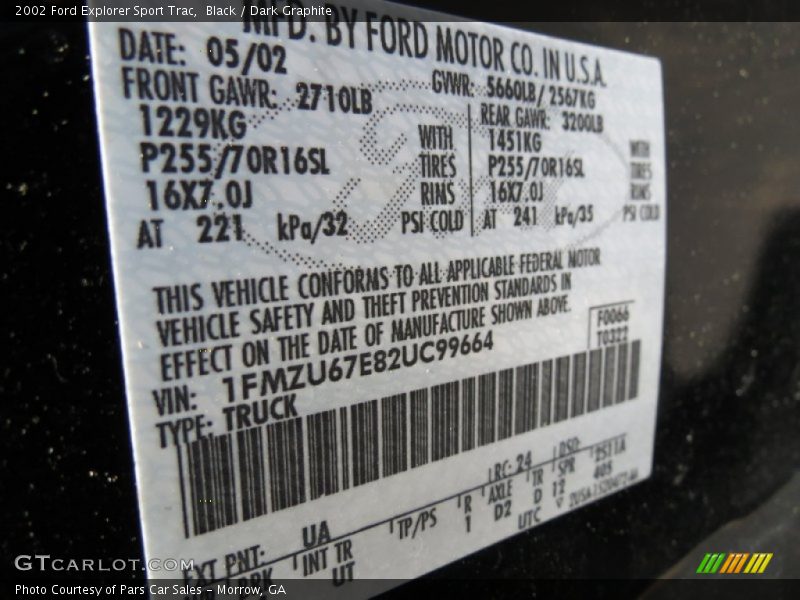 2002 Explorer Sport Trac  Black Color Code UA