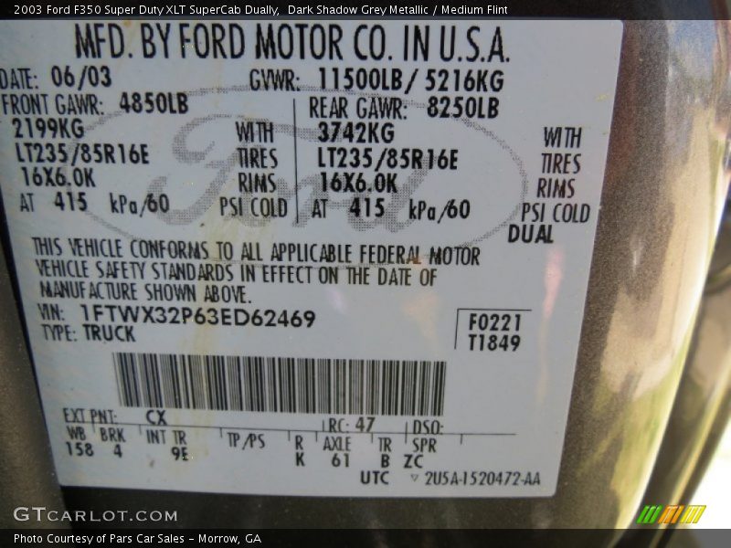 2003 F350 Super Duty XLT SuperCab Dually Dark Shadow Grey Metallic Color Code CX