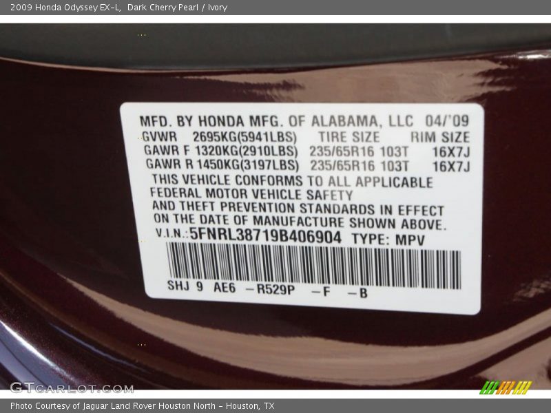 2009 Odyssey EX-L Dark Cherry Pearl Color Code R529P