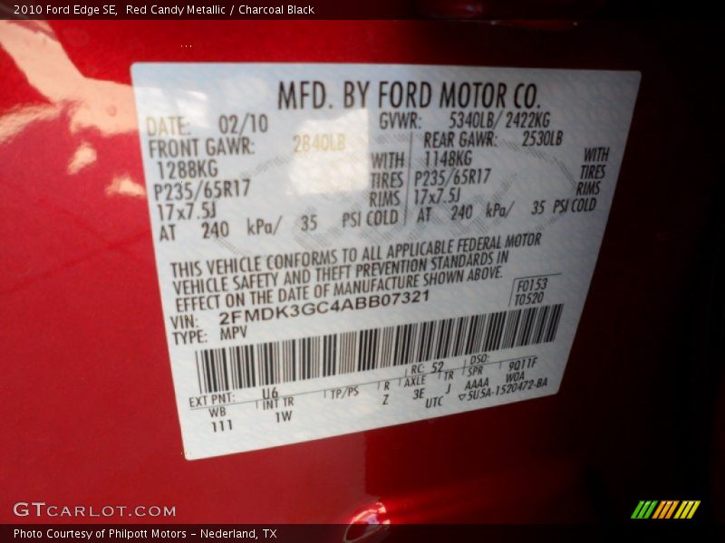 Red Candy Metallic / Charcoal Black 2010 Ford Edge SE