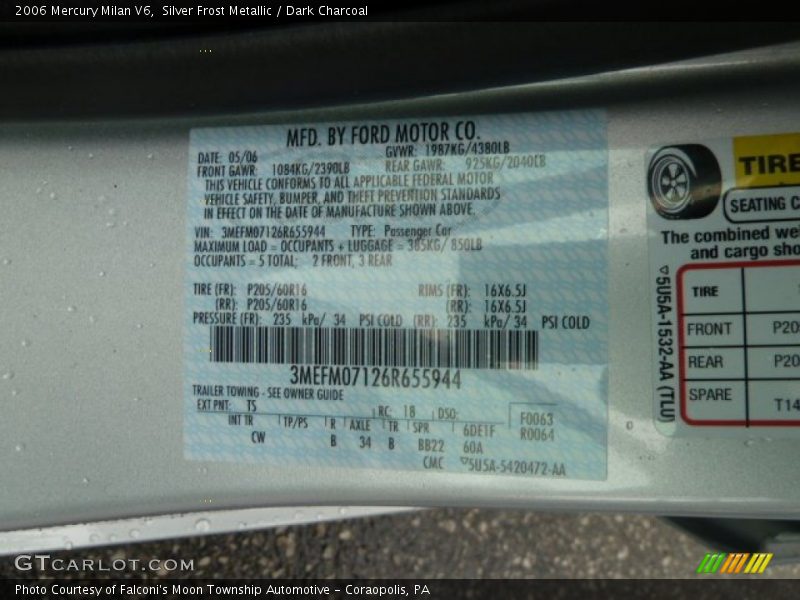Silver Frost Metallic / Dark Charcoal 2006 Mercury Milan V6