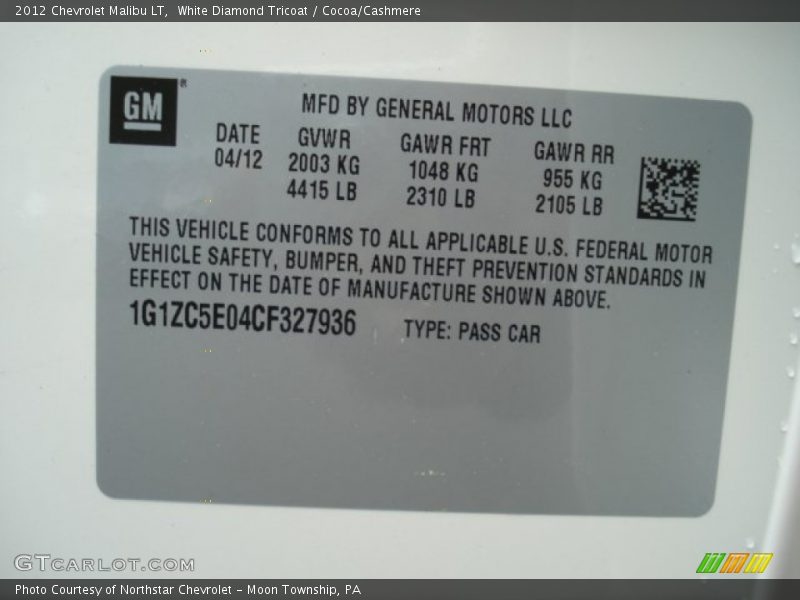 White Diamond Tricoat / Cocoa/Cashmere 2012 Chevrolet Malibu LT