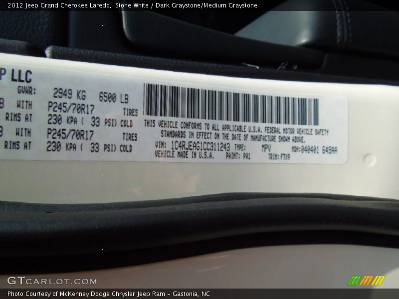 Stone White / Dark Graystone/Medium Graystone 2012 Jeep Grand Cherokee Laredo