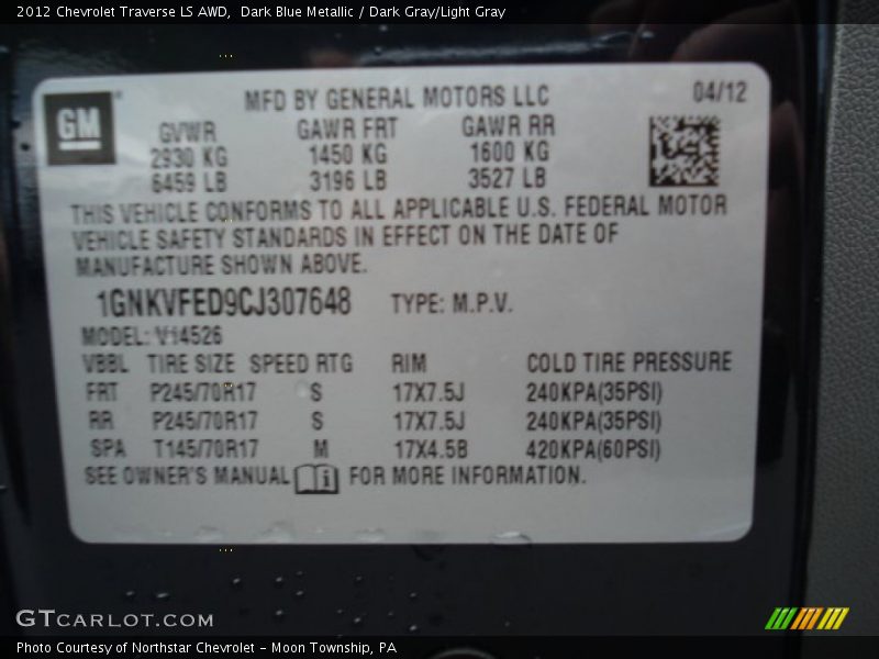 Dark Blue Metallic / Dark Gray/Light Gray 2012 Chevrolet Traverse LS AWD