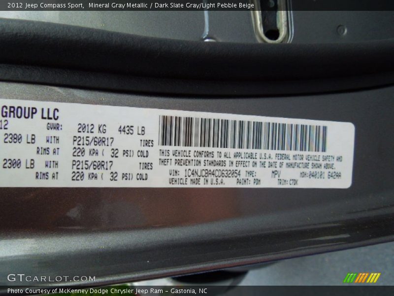 Mineral Gray Metallic / Dark Slate Gray/Light Pebble Beige 2012 Jeep Compass Sport