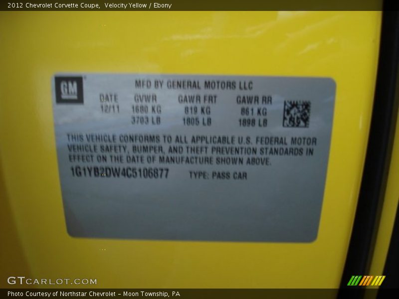 Velocity Yellow / Ebony 2012 Chevrolet Corvette Coupe