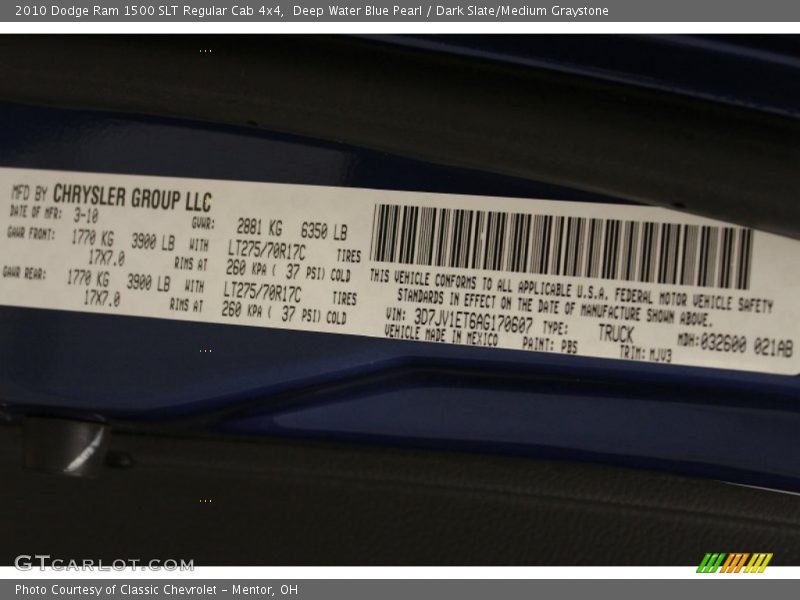 Deep Water Blue Pearl / Dark Slate/Medium Graystone 2010 Dodge Ram 1500 SLT Regular Cab 4x4