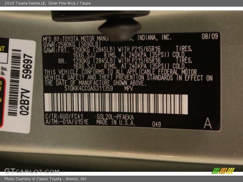 2010 Sienna LE Silver Pine Mica Color Code 6U0