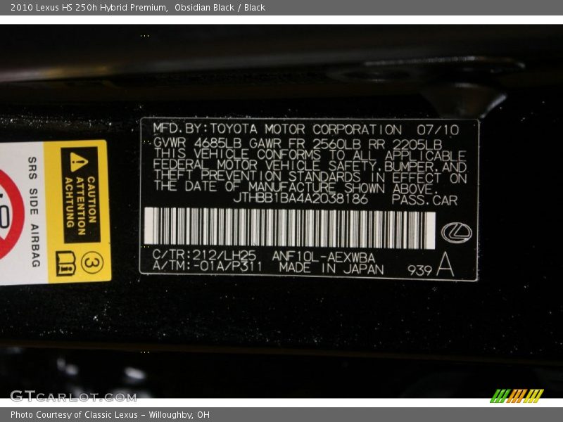 Obsidian Black / Black 2010 Lexus HS 250h Hybrid Premium