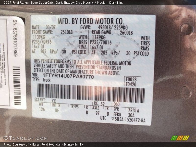 2007 Ranger Sport SuperCab Dark Shadow Grey Metallic Color Code CX