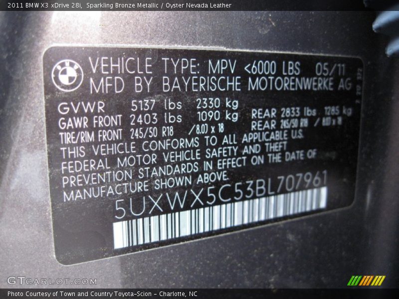 Sparkling Bronze Metallic / Oyster Nevada Leather 2011 BMW X3 xDrive 28i