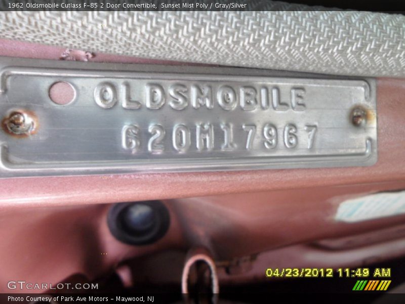 Info Tag of 1962 Cutlass F-85 2 Door Convertible