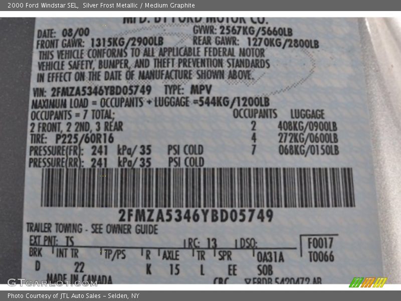 2000 Windstar SEL Silver Frost Metallic Color Code TS