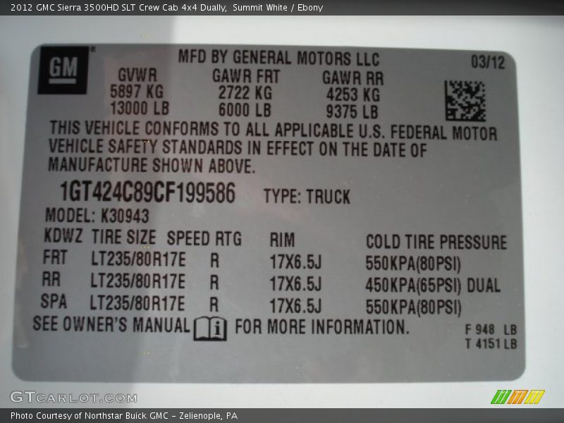 Summit White / Ebony 2012 GMC Sierra 3500HD SLT Crew Cab 4x4 Dually