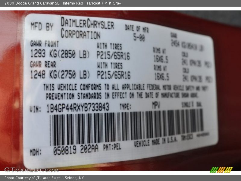 2000 Grand Caravan SE Inferno Red Pearlcoat Color Code PEL