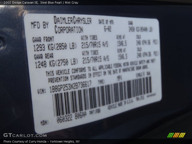 Steel Blue Pearl / Mist Gray 2002 Dodge Caravan SE