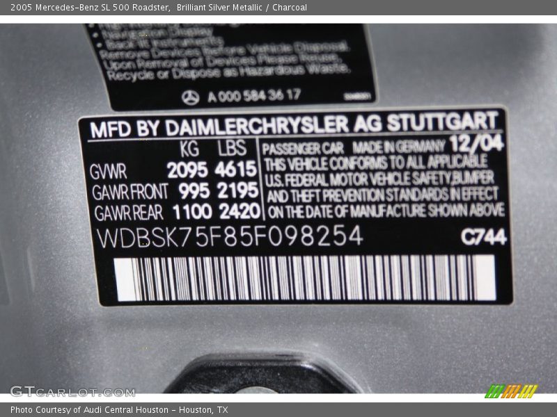 Brilliant Silver Metallic / Charcoal 2005 Mercedes-Benz SL 500 Roadster