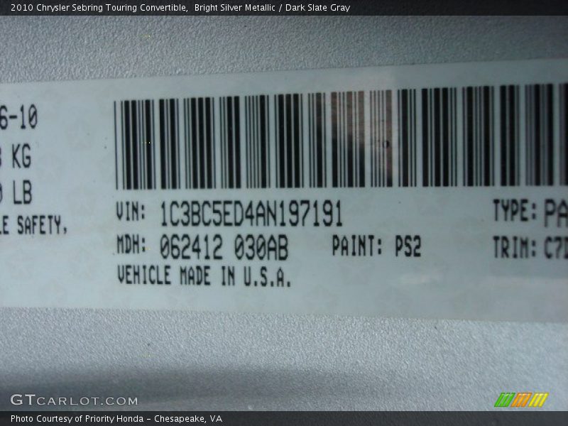 Bright Silver Metallic / Dark Slate Gray 2010 Chrysler Sebring Touring Convertible